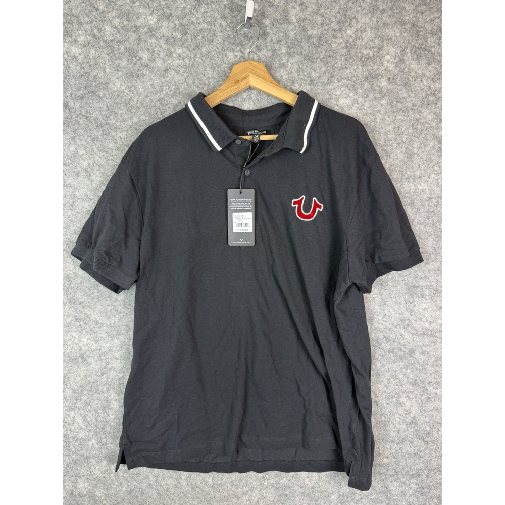 True Religion Polo Shirt Men's XL Rugby Short Sleeve Tipped Logo Graphic Black